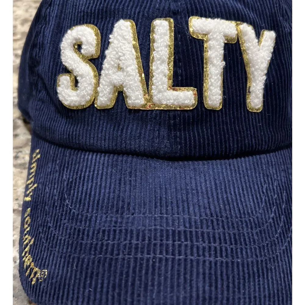 SIMPLY‎ SOUTHERN Sparkle Puff Letter SALTY Blue Corduroy Baseball Cap Hat NEW